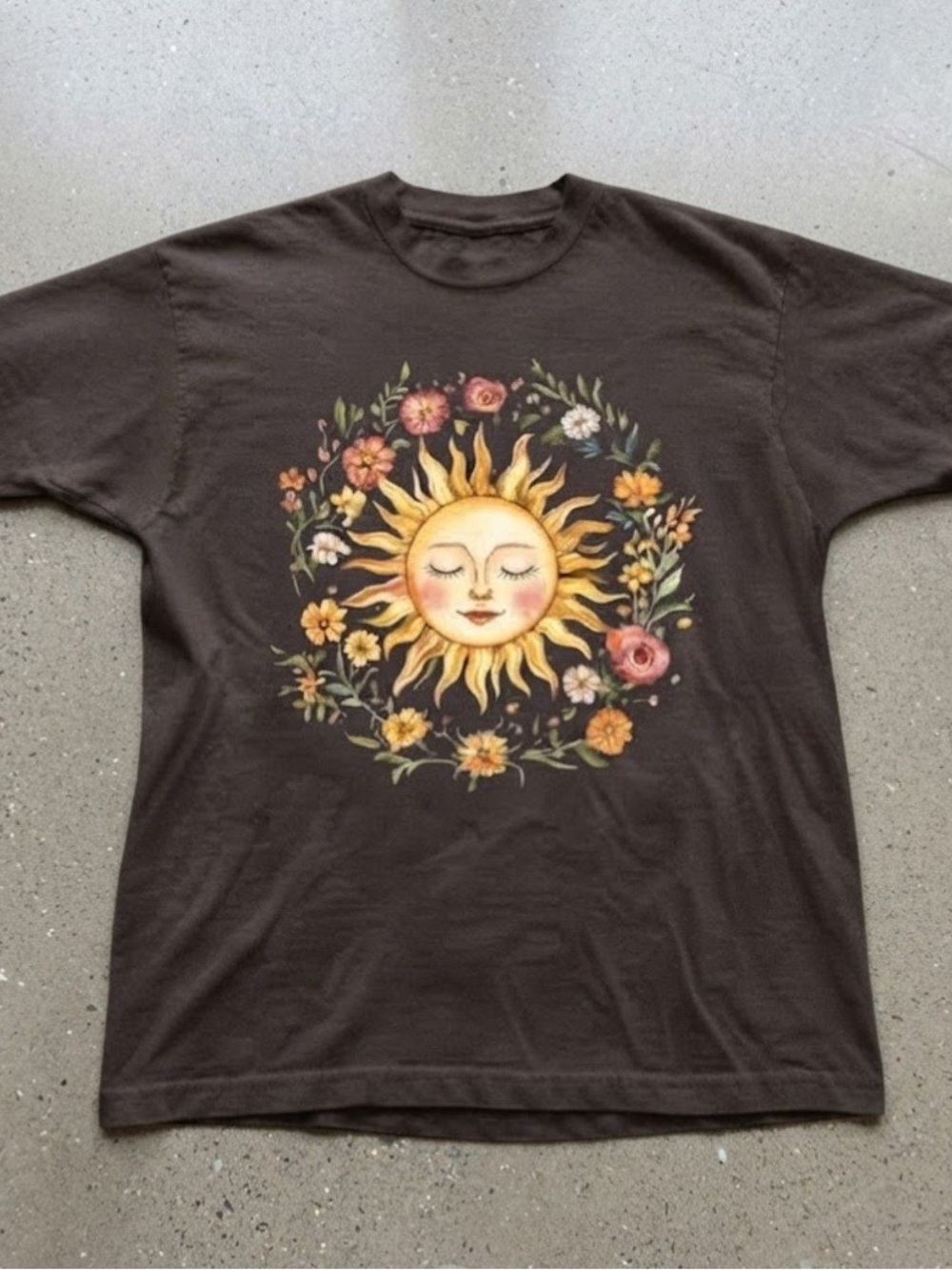 Celestial Sun Floral Brown Cotton Gildan T-Shirt Graphic Tee